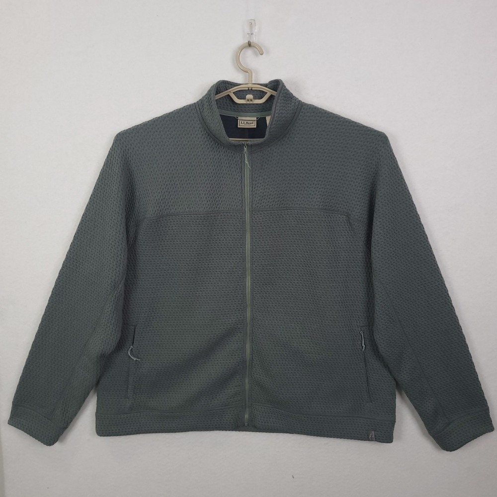 LL Bean Full Zip Jacket Mens XXL Green Gray Excellent Waffle Knit 525958